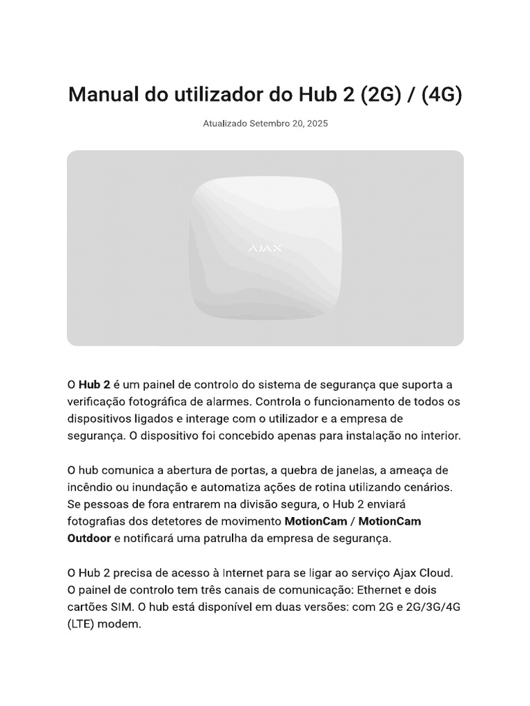 01 Central de Deteção Ajax Hub2 Manual de Utilizador - PT | PDF