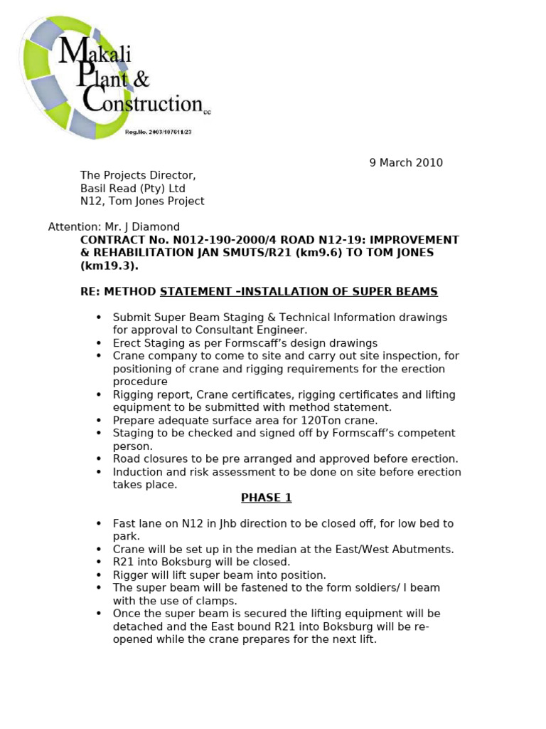 Method Statement Super Beam Erection | PDF