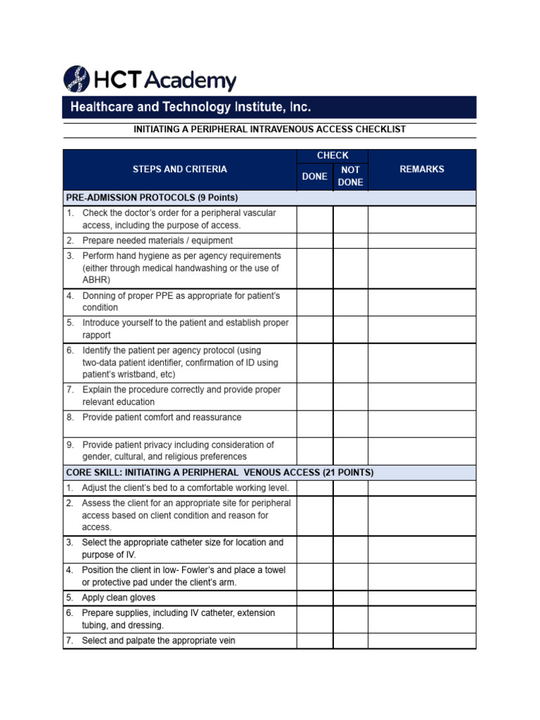 HCT Checklist - Initiating A Peripheral IV Access | PDF