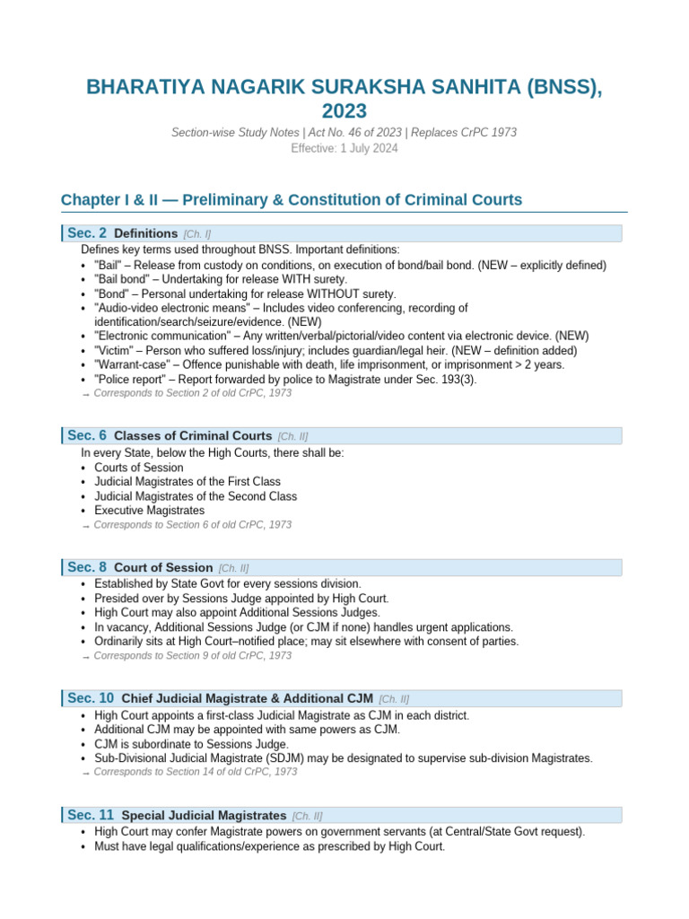BNSS 2023 Section Notes | PDF