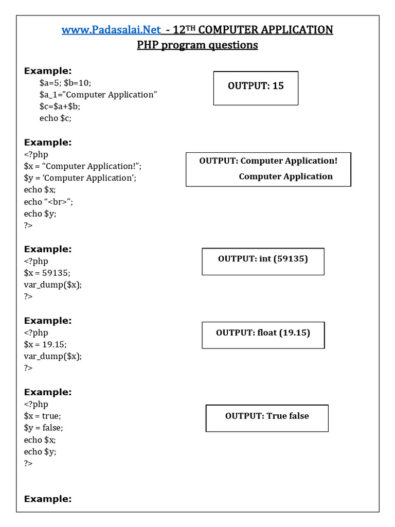 12th Computer Applications Book Back PHP Program Questions With Output ...