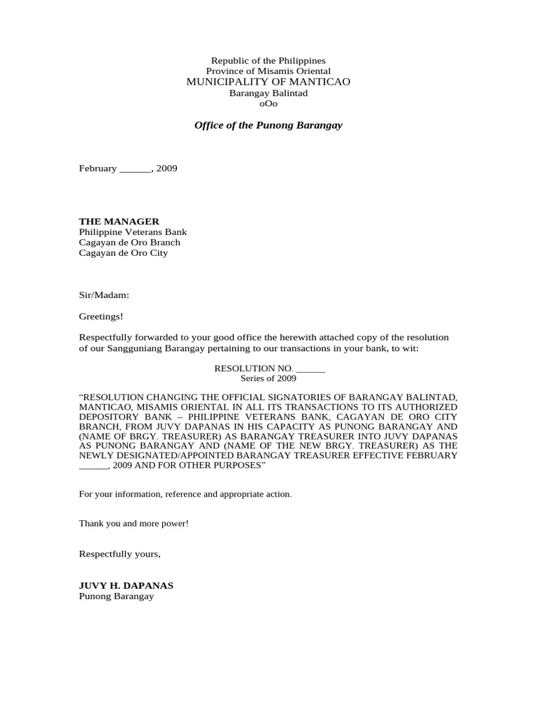 Res. Changing Bank Signatories Due To AWOL, Endorsement Letter | PDF