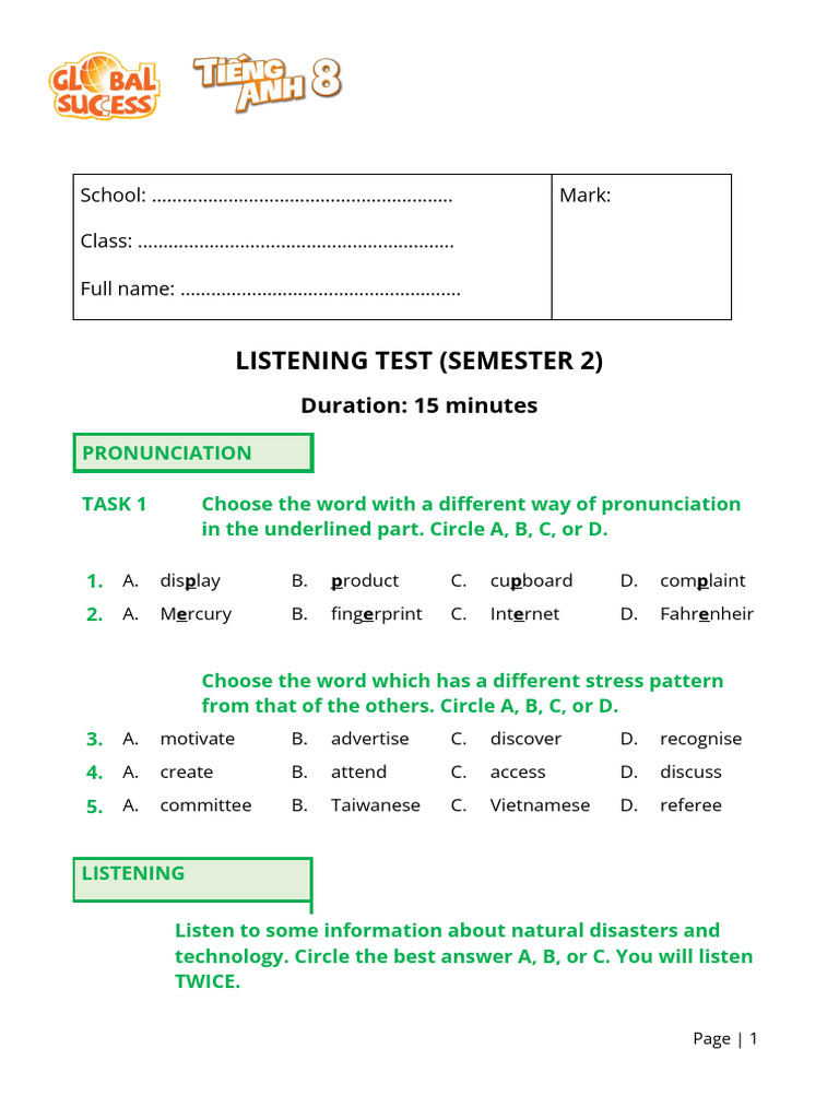 Listening Test 2 (Semester 2) | PDF