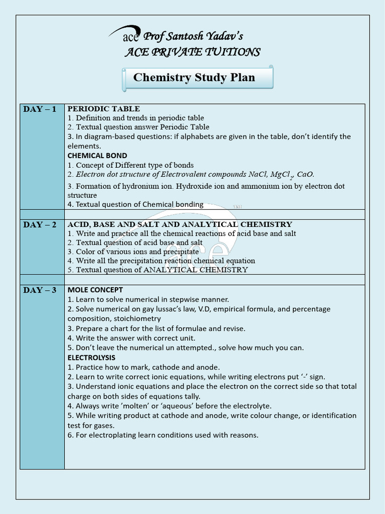 X ICSE Chemistry Study Plan 2026 | PDF