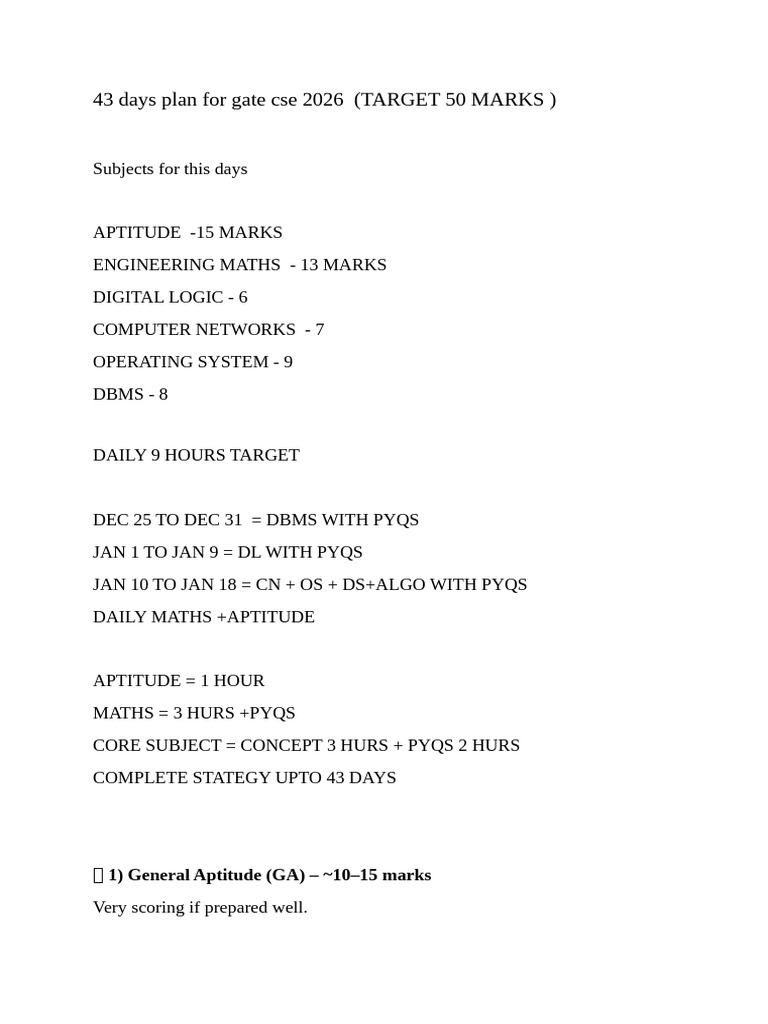 43 Days Plan For Gate Cse 2026 | PDF