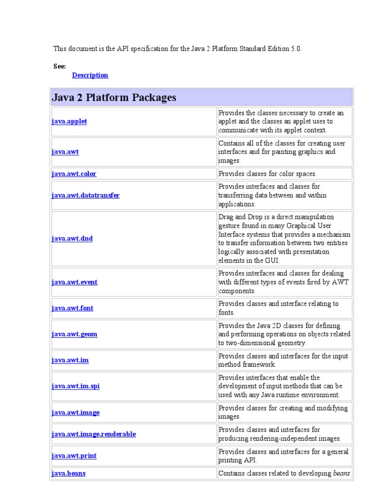 Java 2 Platform Packages: Description | PDF | Java (Programming ...