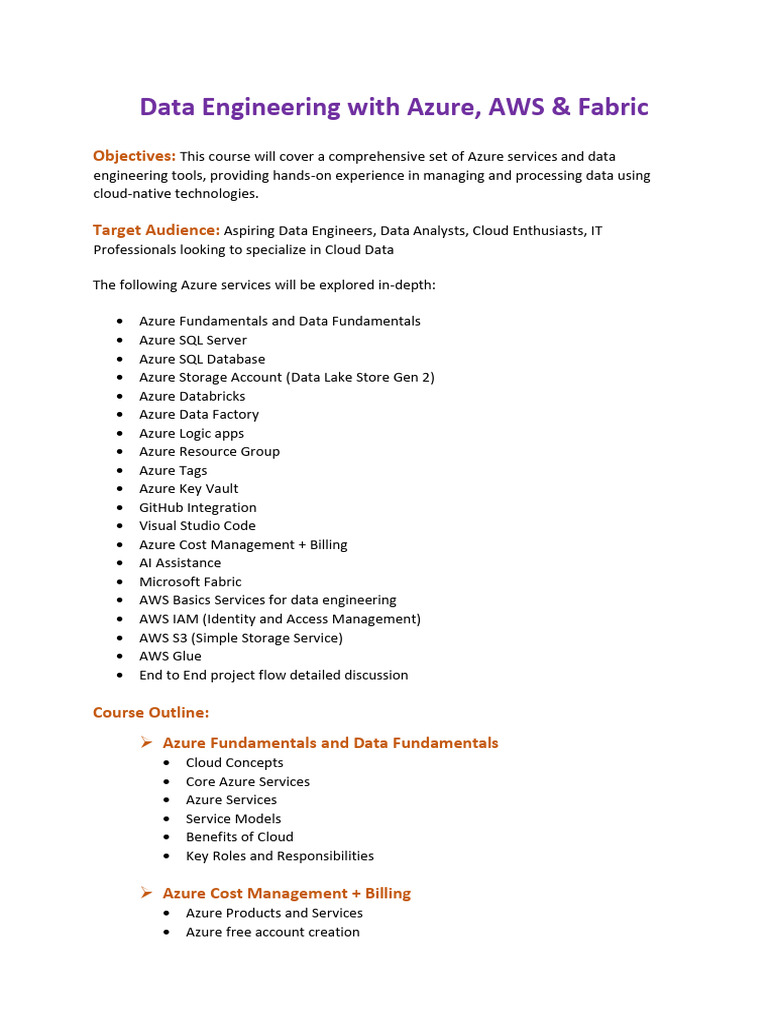Data Engineering With Azure, AWS & Fabric | PDF