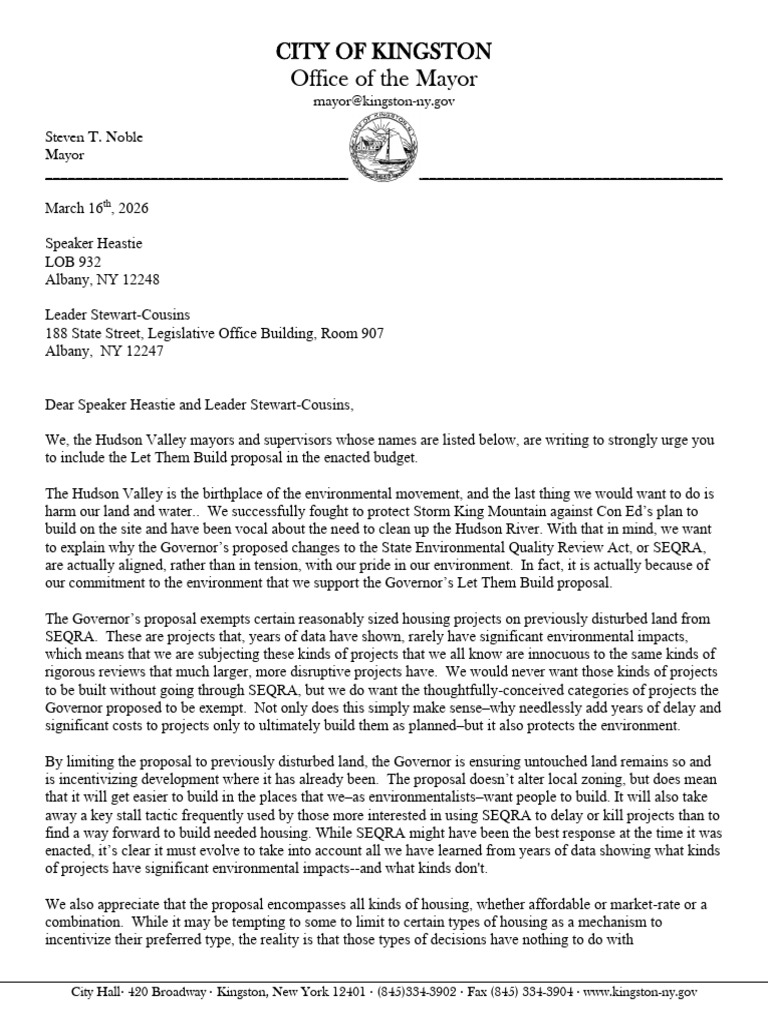 Kingston Mayor Letter On State Environmental Quality Review Act | PDF