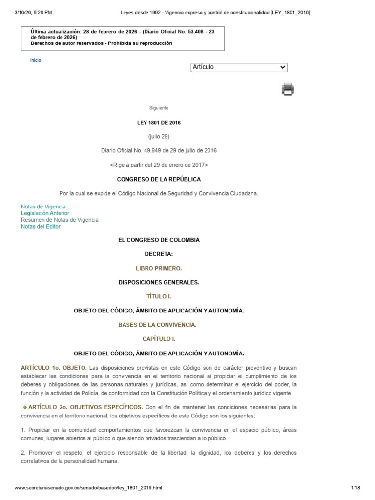 Código Nacional de Seguridad y Convivencia Ciudadana (LEY - 1801 - 2016 ...