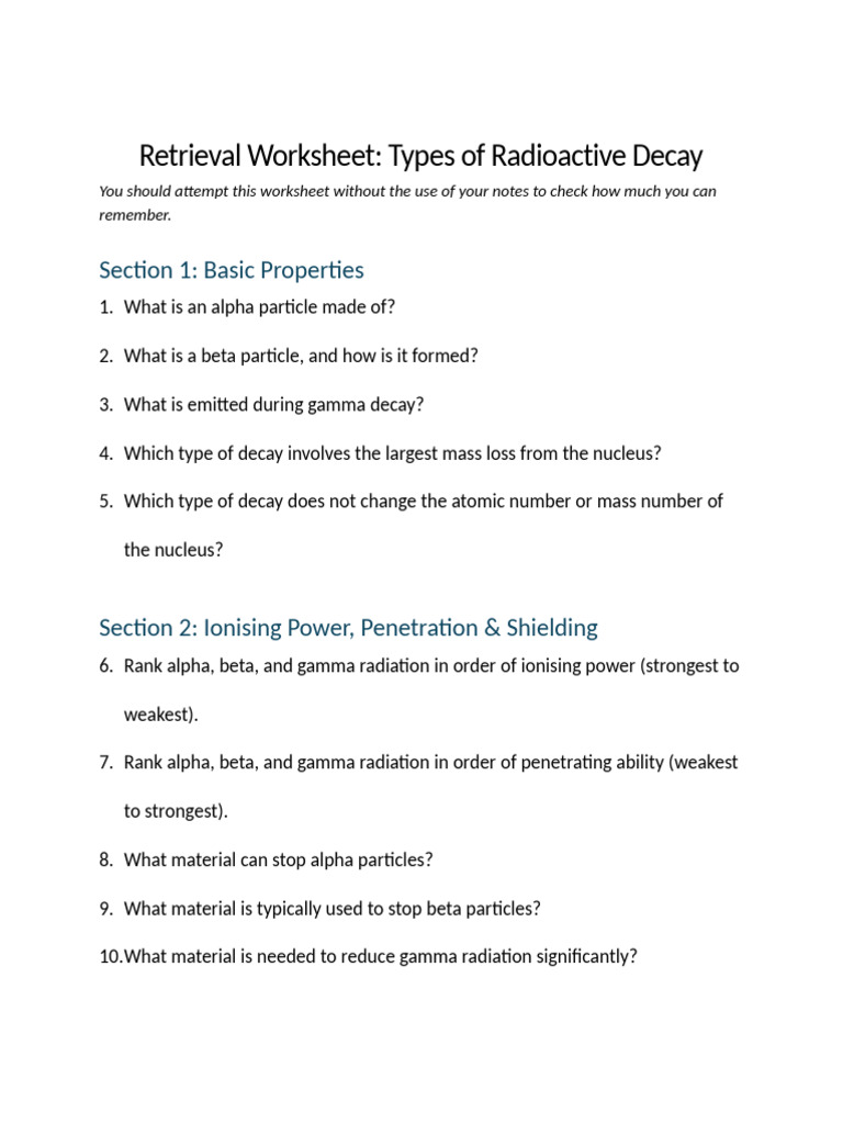 Radioactive Decay Worksheet HW | PDF