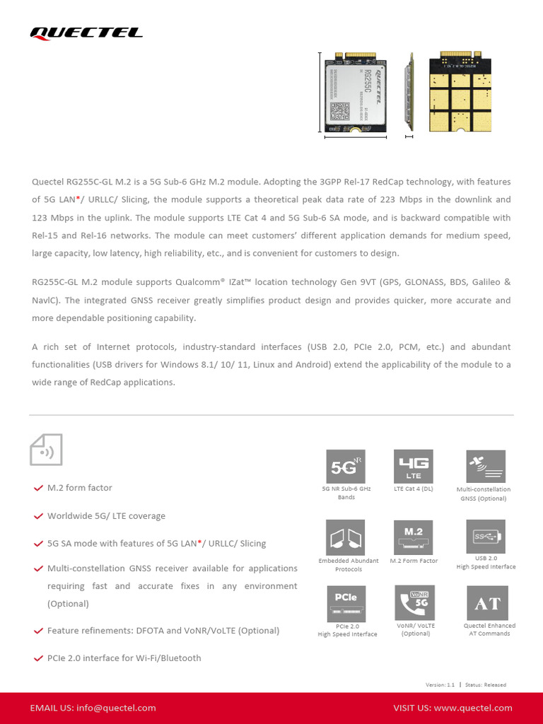 Quectel RG255C-GL M.2 5G Module Specification V1.1 | PDF