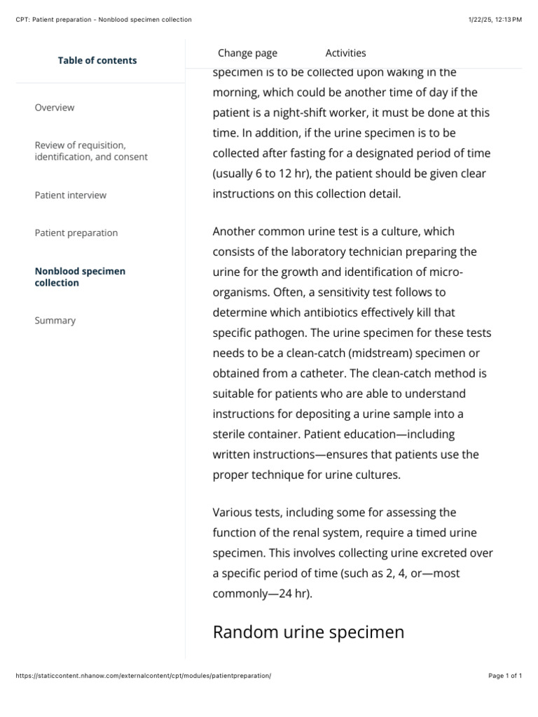 Random Urine Specimen: Activities Change Page | PDF