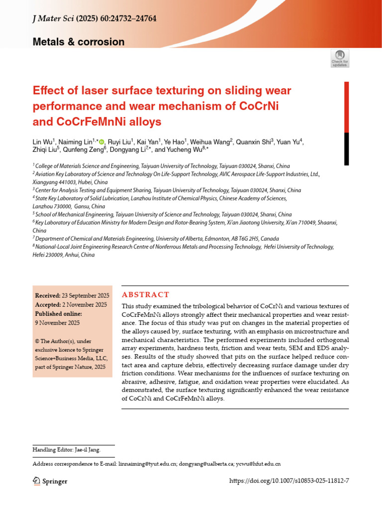 《Journal of Materials Science 》 - Effect of Laser Surface Texturing on ...