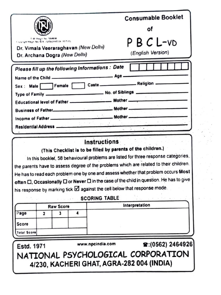 Problem Behaviour Checklist | PDF