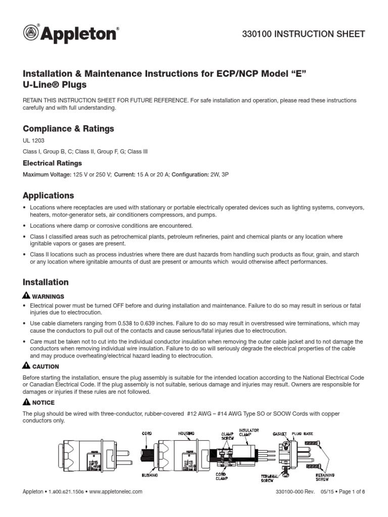 Instruction Sheet Appleton Ecp NCP Plugs 330100 en Us 178142 | PDF