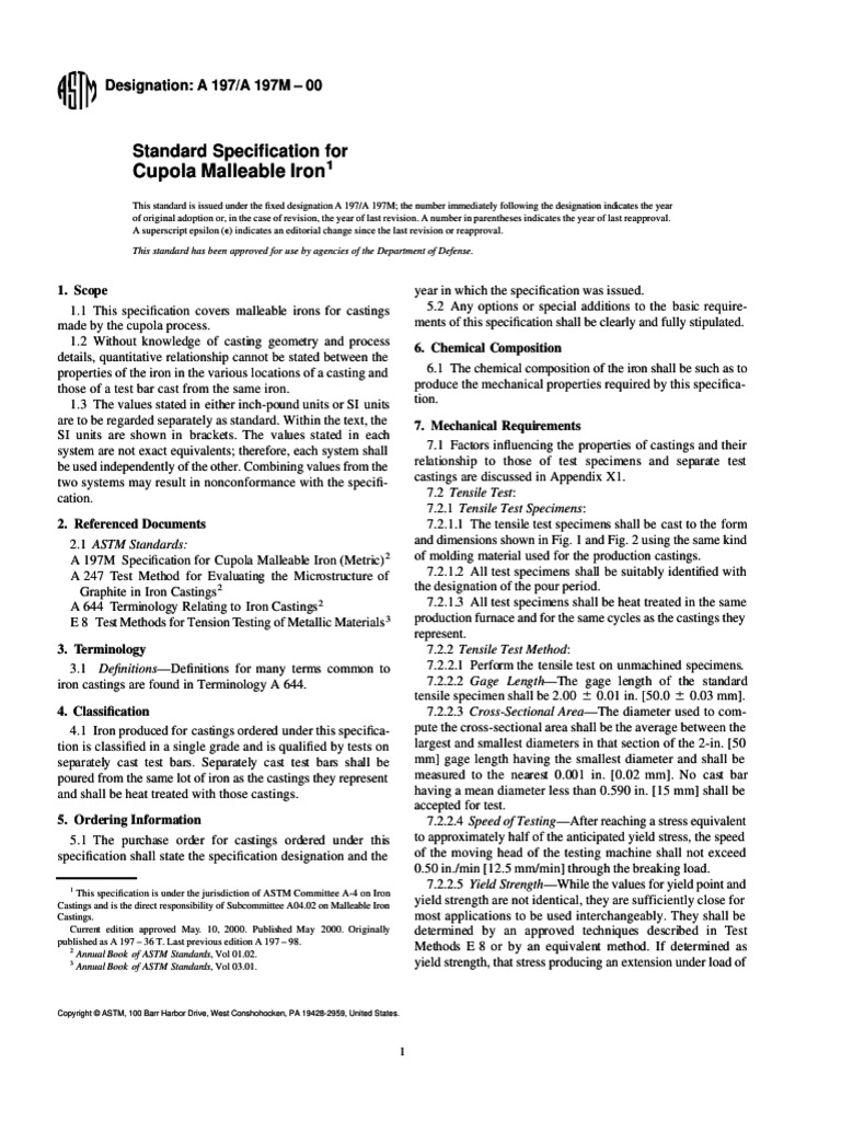ASTM A197 - Malleable Iron | PDF | Strength Of Materials | Ductility