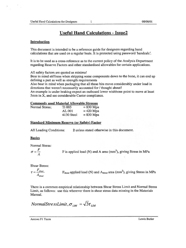 Arrows F1 - Useful Hand Calculations | PDF