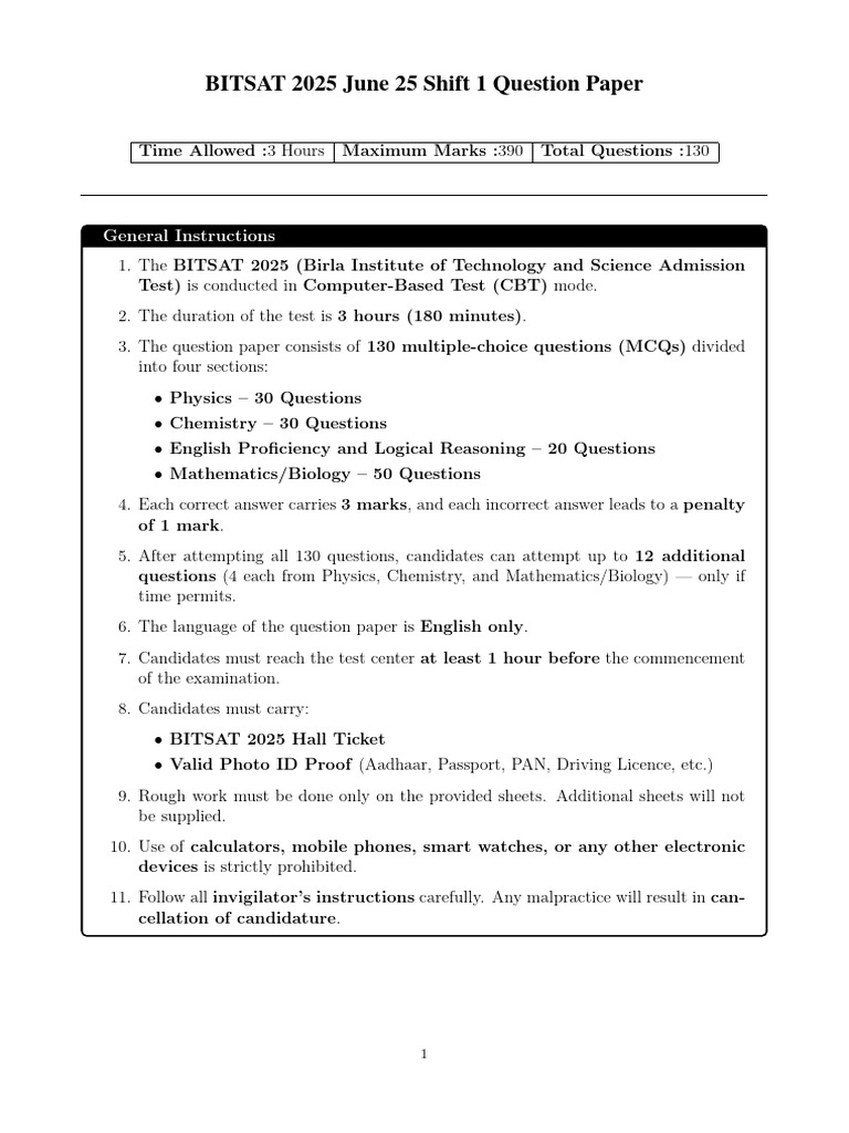 BITSAT 2025 25th June Shift 1 Question Paper | PDF