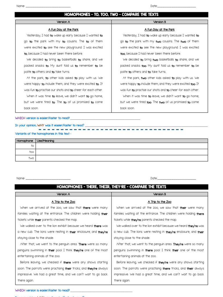 Homophones - Texts To Compare | PDF