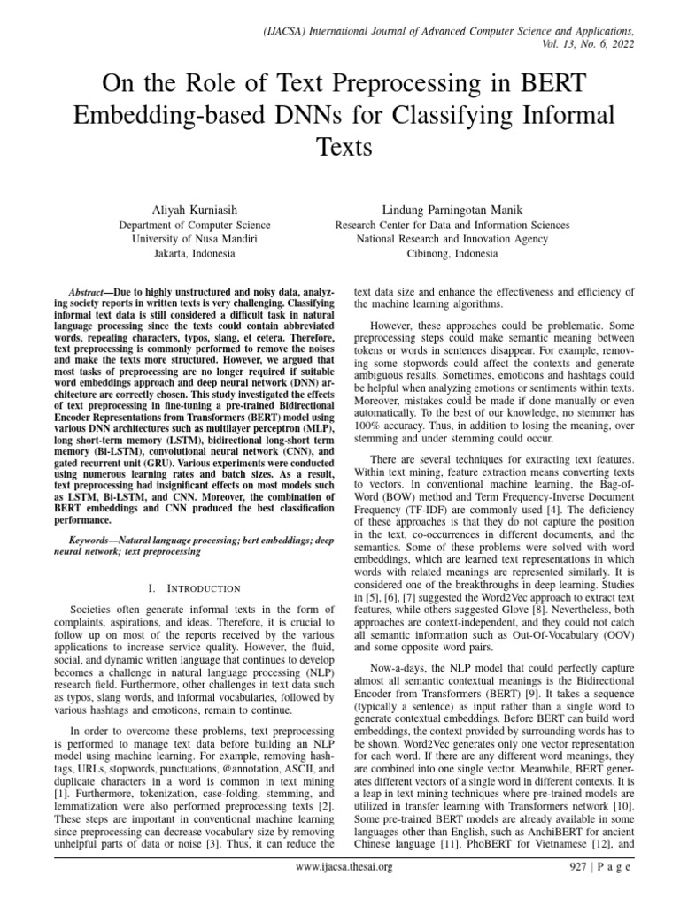 Paper 109-On The Role of Text Preprocessing in BERT Embedding Based ...