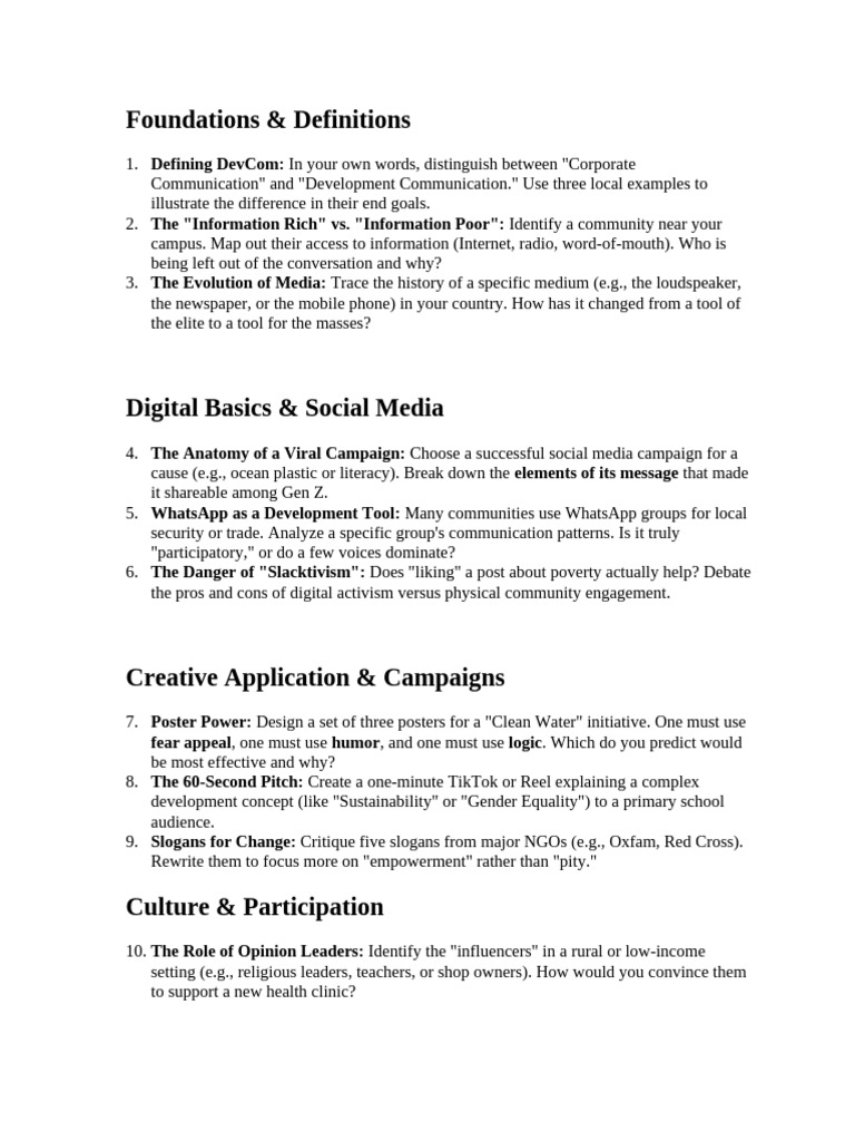 Group Work Questions CMJ 1204-1 Devt Communication (17 Groups) | PDF