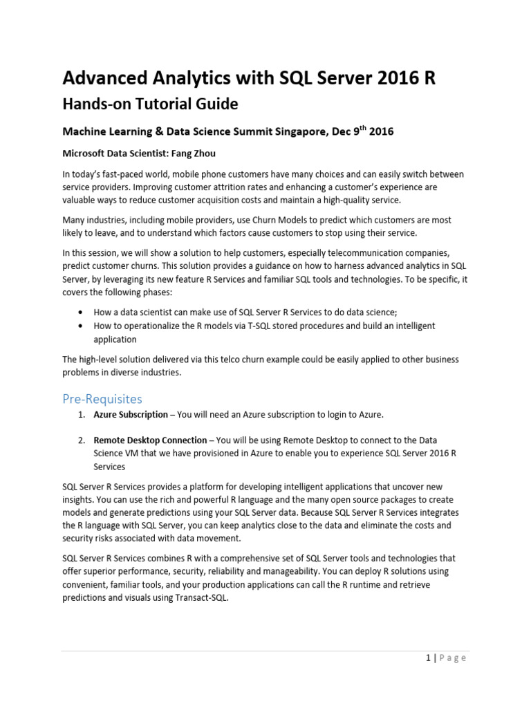Tutorial - Advanced Analytics With SQL Server 2016 R | PDF