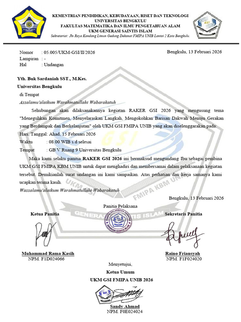 Surat Undangan Pembina Raker Gsi 2026 Ibu | PDF
