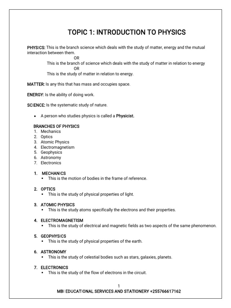 Physics Form 1 Notes New Syllabus | PDF