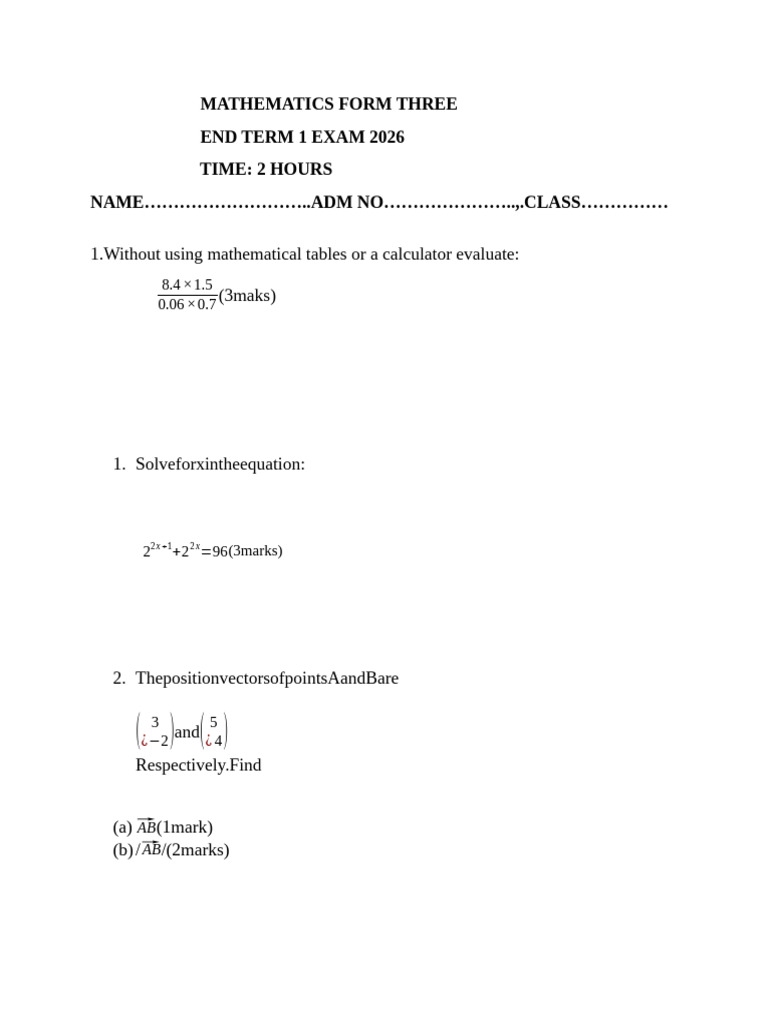 2026 Mathematics F3 End Term 1 Teacher - Co - .Ke | PDF