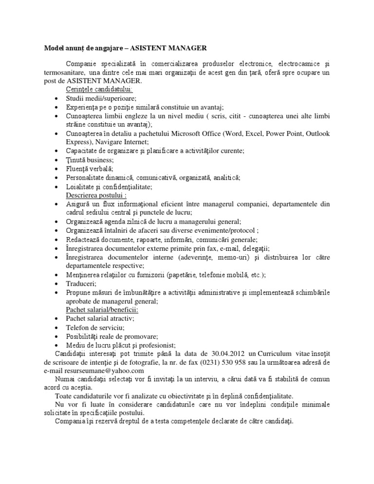 Model AnunÅ£ De Angajare