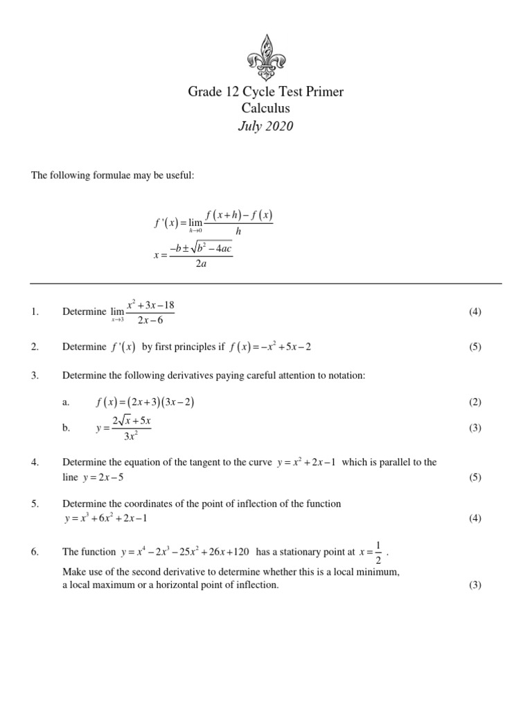 3 Calculus Practice Test 3 + Memo | PDF | Tangent | Derivative