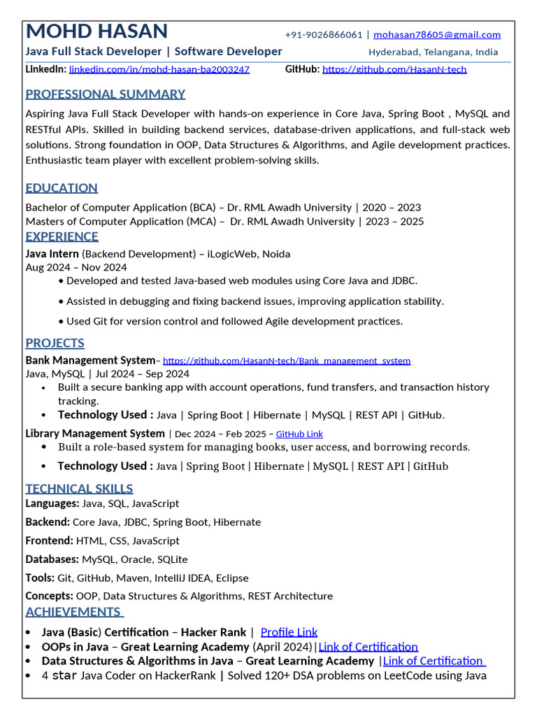 Mohd Hasan Professional Resume | PDF