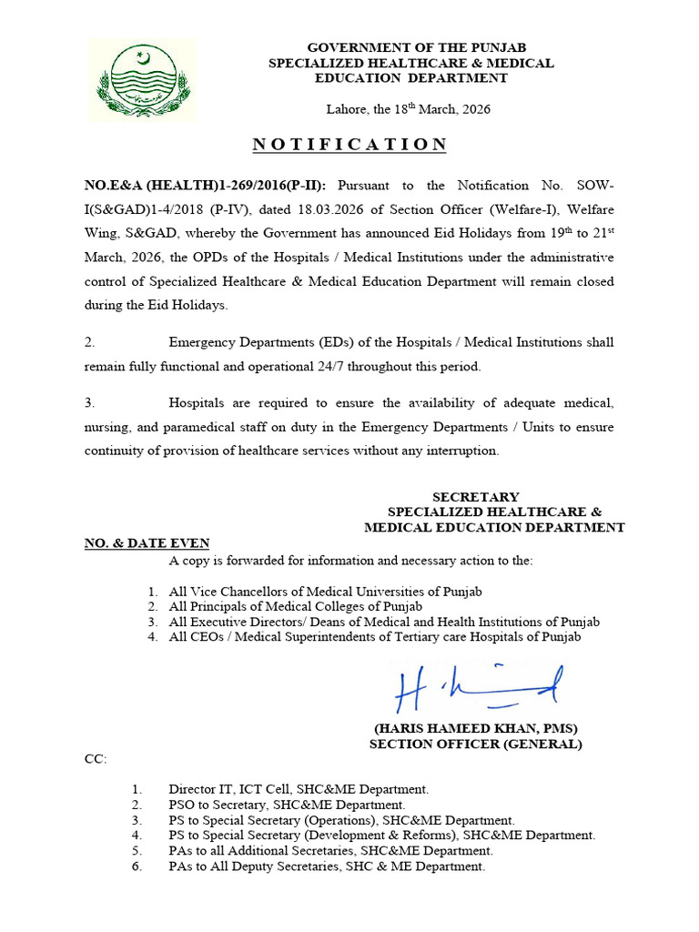 Notification Eid Holidays | PDF
