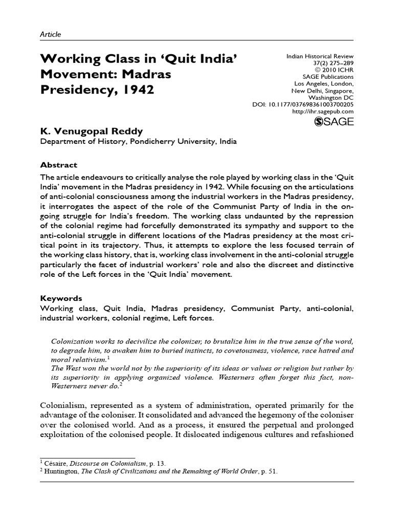 Reddy 2011 Working Class in Quit India Movement | PDF | Indian National ...