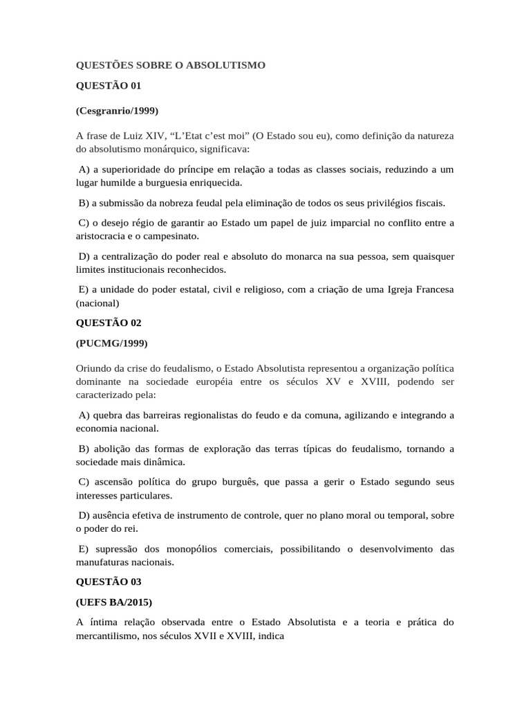 Questões Sobre Absolutismo | PDF
