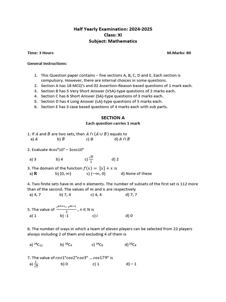 Xi Half Yearly 24-25 Mathematics | PDF
