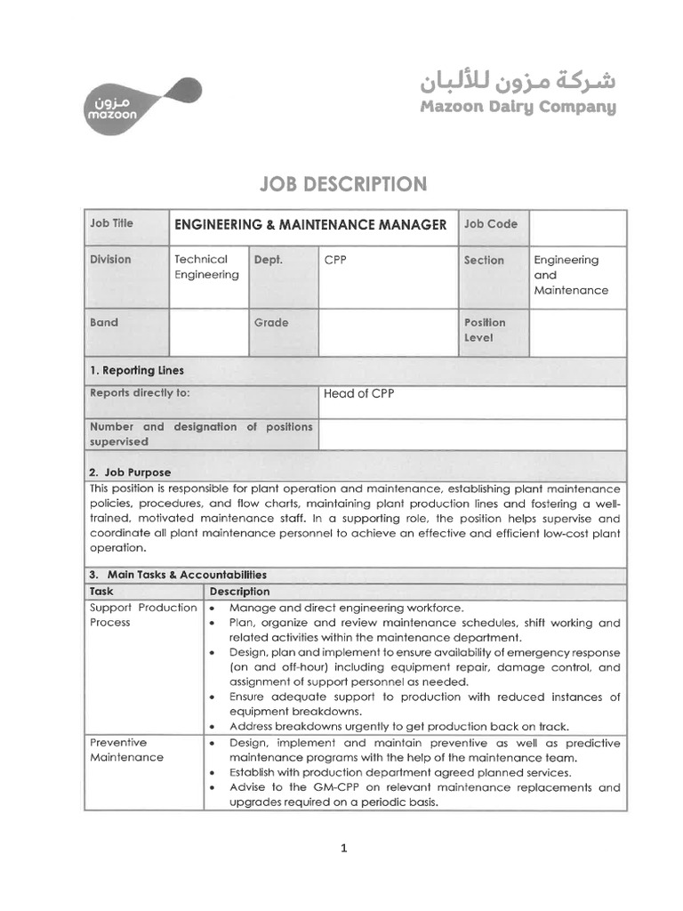 JD of Engineering & Maintenance Manager | PDF