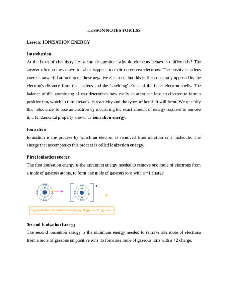 Lesson Notes For Lss (Ionisation Energy) | PDF | Ionization | Electron