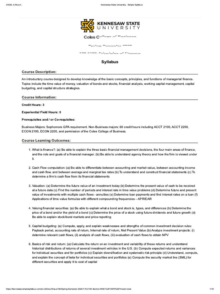Kennesaw State University - Simple Syllabus | PDF