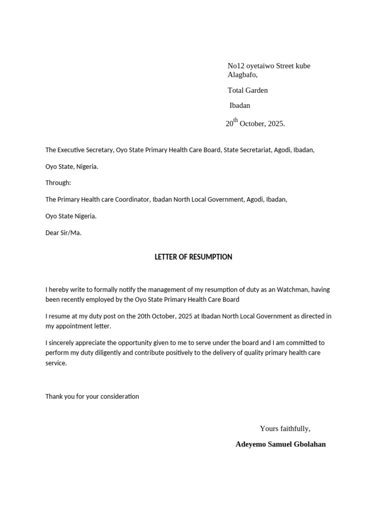 Sam Resumption Letter | PDF