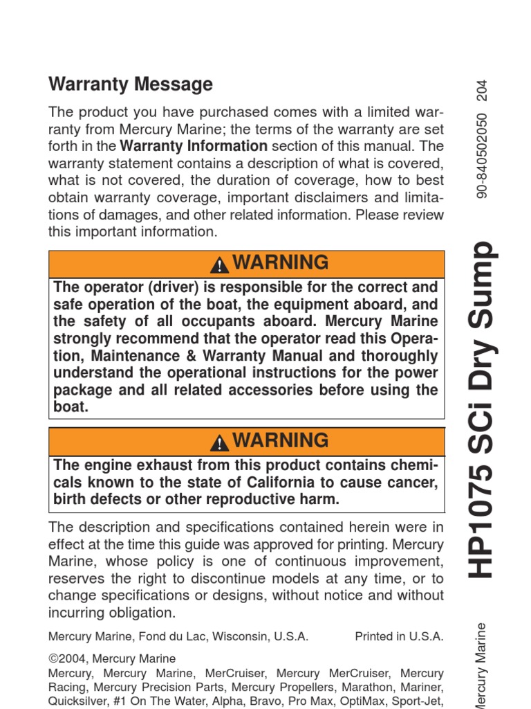 Mercury Racing Hp1075 Sci Engine Owners Manual | Gasoline | Internal  Combustion Engine