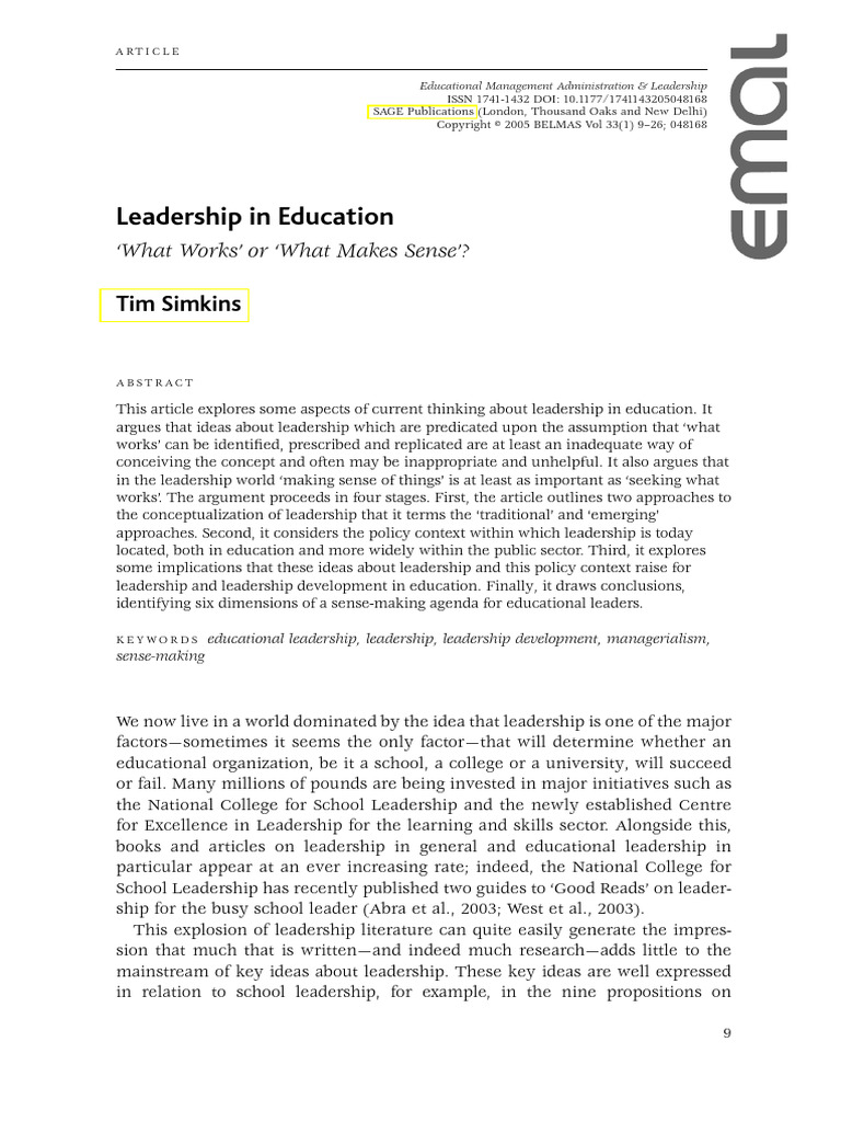 Simkins 2005 Leadership in Education What Works or What Makes Sense ...