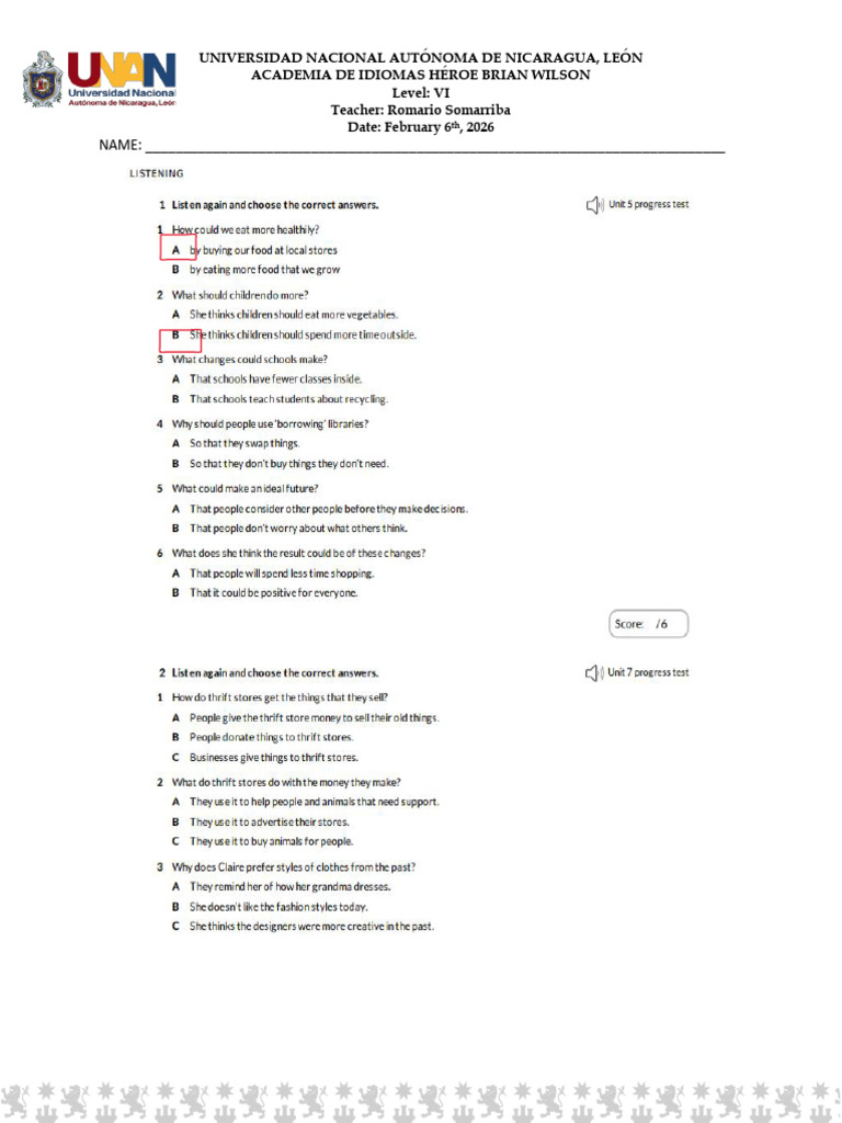 Final Test LEVEL VI - Saturday TEENS | PDF