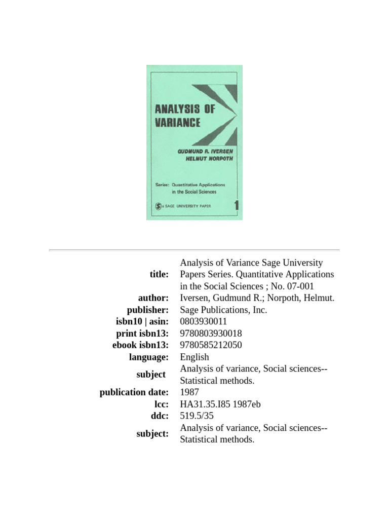 Analysis of Variance (Quantitative Applications in The Social Sciences ...