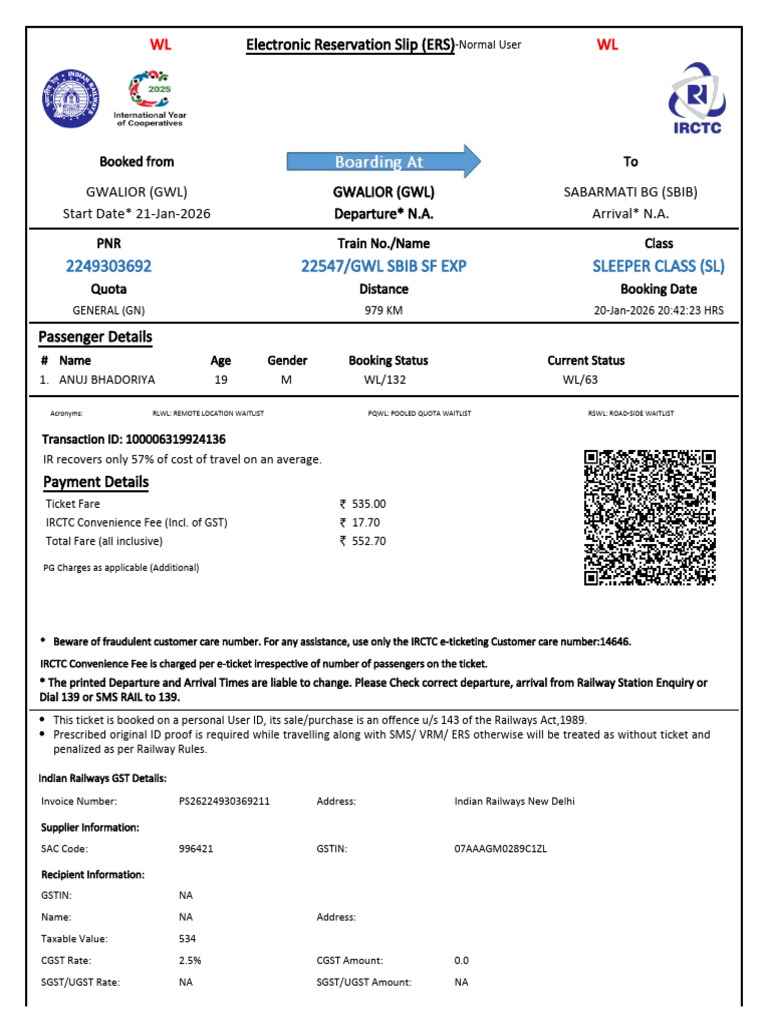 22547/Gwl Sbib SF Exp Sleeper Class (SL) : WL WL | PDF