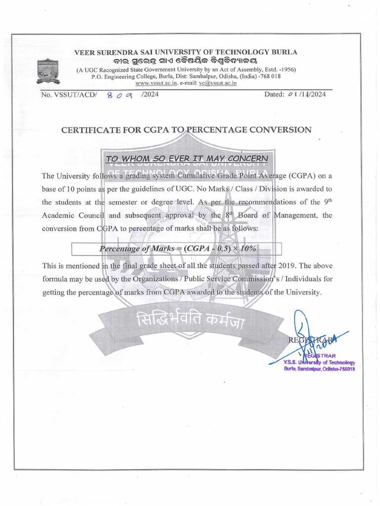 Certificate For CGPA To Percentage Conversion | PDF