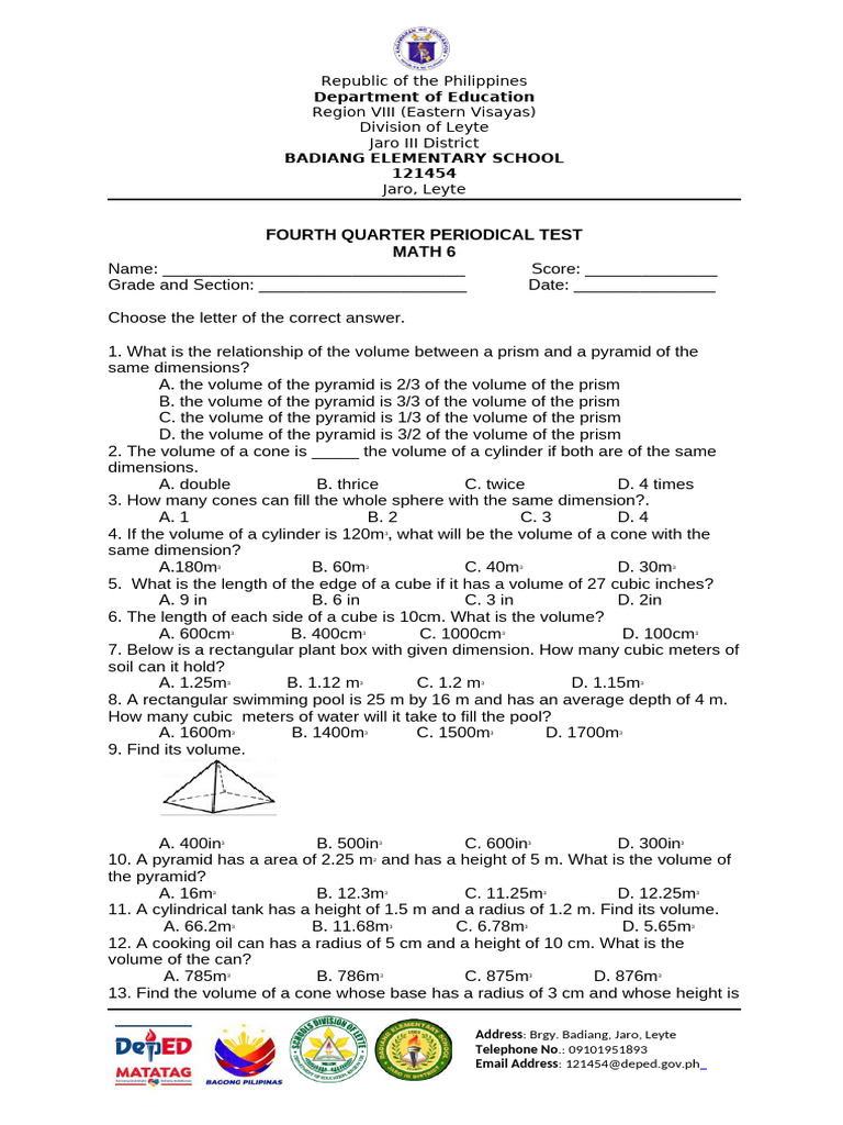 4th Quarter Exam Math 6 | PDF