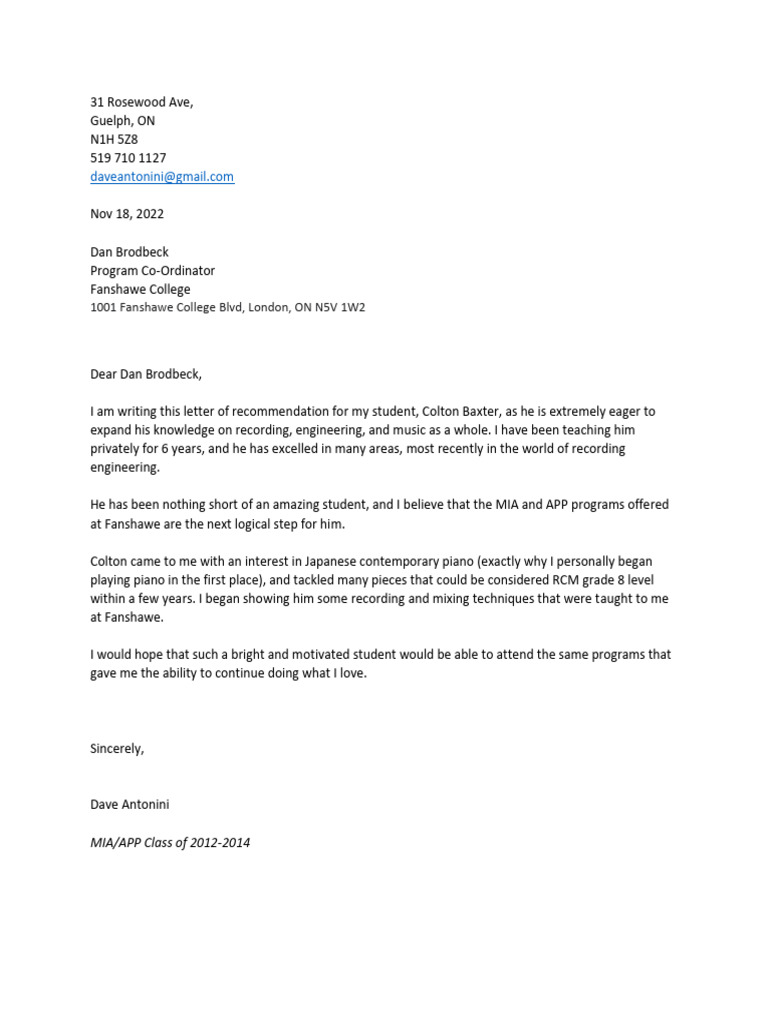 Colton Baxter Letter of Reference - Dave Antonini | PDF