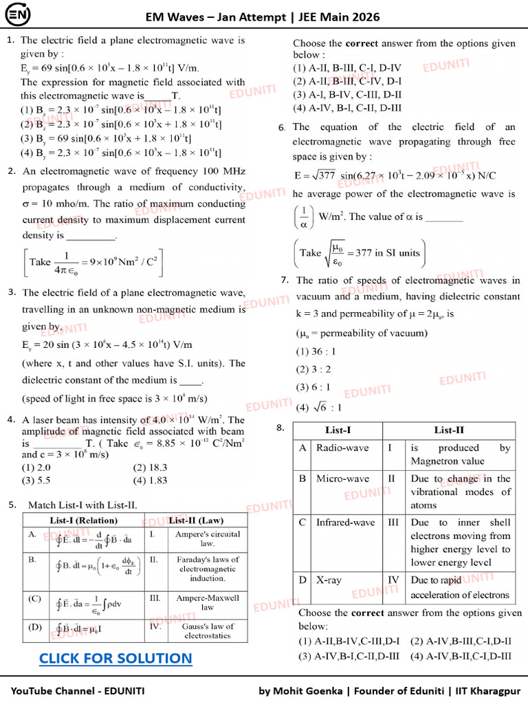 EM Waves JEE 2026 Jan Questions Eduniti | PDF