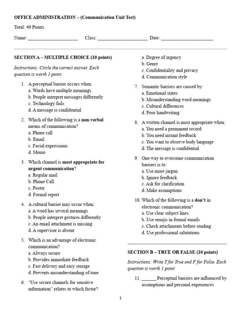 Communication Test 1 | PDF